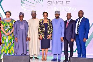From left, Minister of State for Finance, Dr Doris Uzoka-Anite; Minister of Marine Economy, Mr Gboyega Oyetola; chairman, Senate Committee on Finance, Senator Sani Musa; Minister of Industry, Trade and Investment, Dr Jumoke Oduwole; chairman, Federal Inland Revenue Service, Dr Zacch Adedeji; Managing Director, Nigerian Port Authority (NPA), Dr Abubakar Dantsoho; head, National Single Window (NSW) project secretariat, Mr Tola Fakolade, at the opening of a three-day NSW industry and stakeholders’ forum held at Marriott Hotel, Ikeja, Lagos, on Tuesday