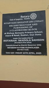 Rotary Club of Iyaganku-Ibadan Commissions Furnished, Reconstructed Basic School Block in Ibadan