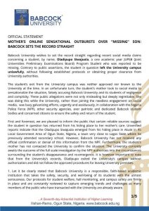 He Uses Black Soap, Local Sponge, Others — Babcock University Sets Record Straight, Responds to Mother's Online Claims on Missing Student 