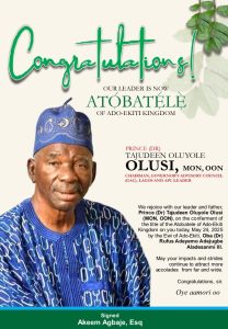 Barr. Agbaje Congratulates Prince Tajudeen Olusi on 'Atobatele of Ado-Ekiti' Chieftaincy Title