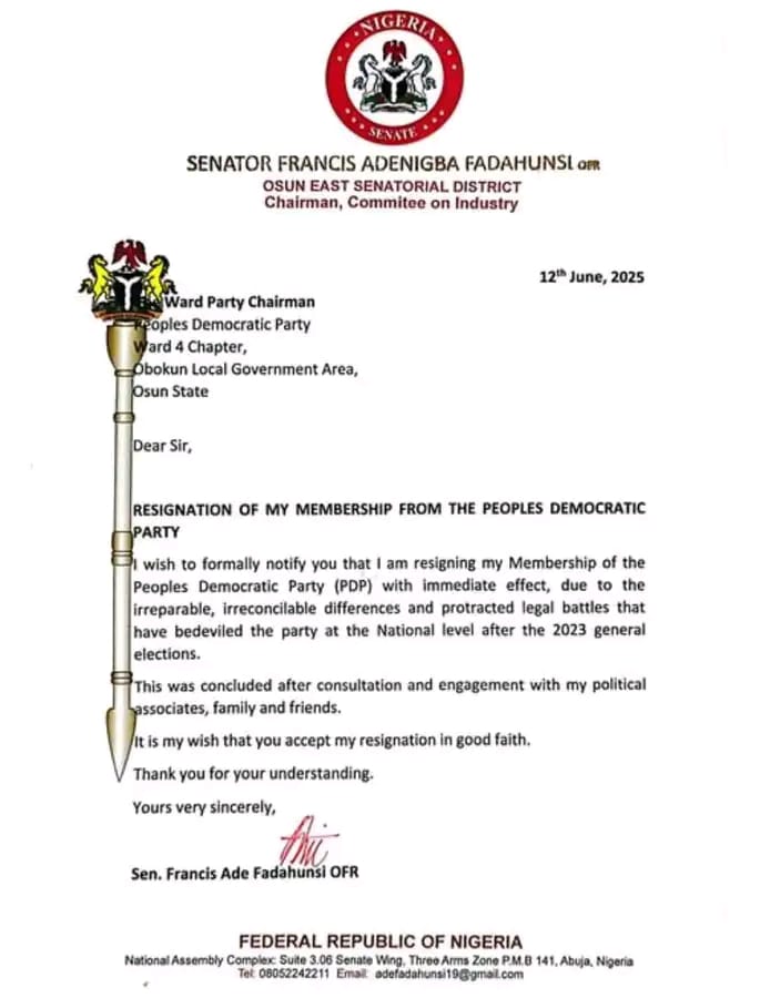 Osun East Senator, Fadahunsi Resigns From PDP 