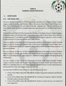NPFL: Kano Pillars Suffers N9.5 Million Fine, 3-Point Deduction, Stadium Closure Over Attack on 3SC, Field Invasion