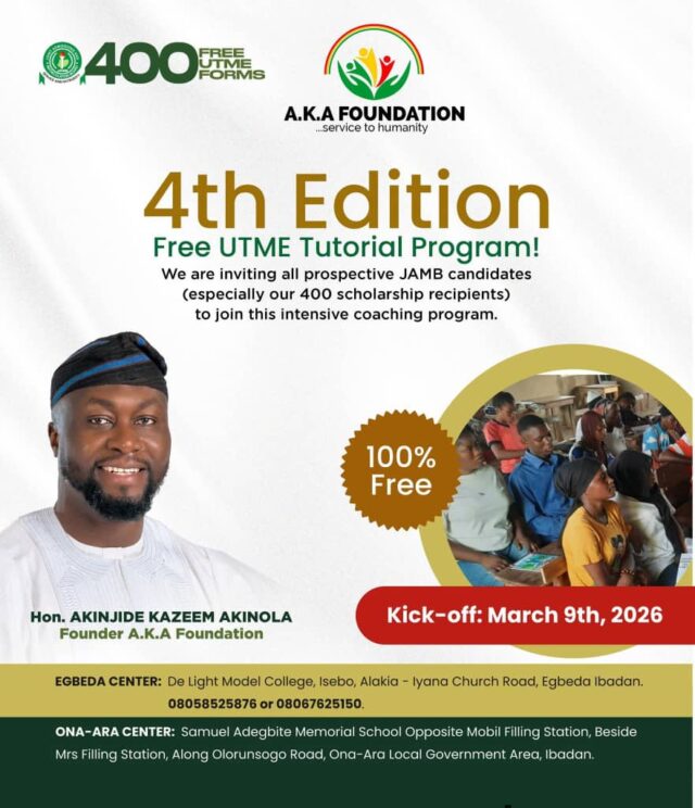Akinola Foundation Announces Free UTME Tutorials for Egbeda/Ona-Ara Candidates