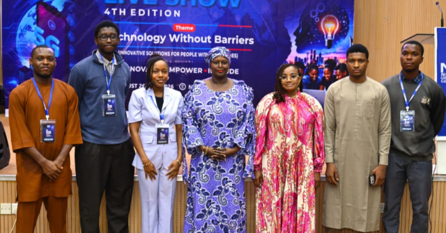 L-R: Victor Akpan, Chief Executive Officer, Ikor; Abdurrahman Gambo, Chief Executive Officer, Gyronics; Stephanie Nwangwu, Chief Executive Officer, Clearssignal; Barr. Rimini Makama, Executive Commissioner, Stakeholder Management, Nigerian Communications Commission (NCC); Ms. Helen Obi, Director, Digital Economy, NCC; Sani Mahmud Madobi, Chief Executive Officer, Meertech Ltd.; and Abdulhaqq Somoye, Chief Executive Officer, Sora, at the NCC 4th Edition Hackathon Live Show, on the 26 to 27th August 2026, at NCC Annex Office Mbora Abuja